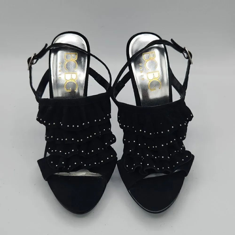 BCBG Paris Black leather upper ruffle metal silver studs Ankle strap stilettos 6